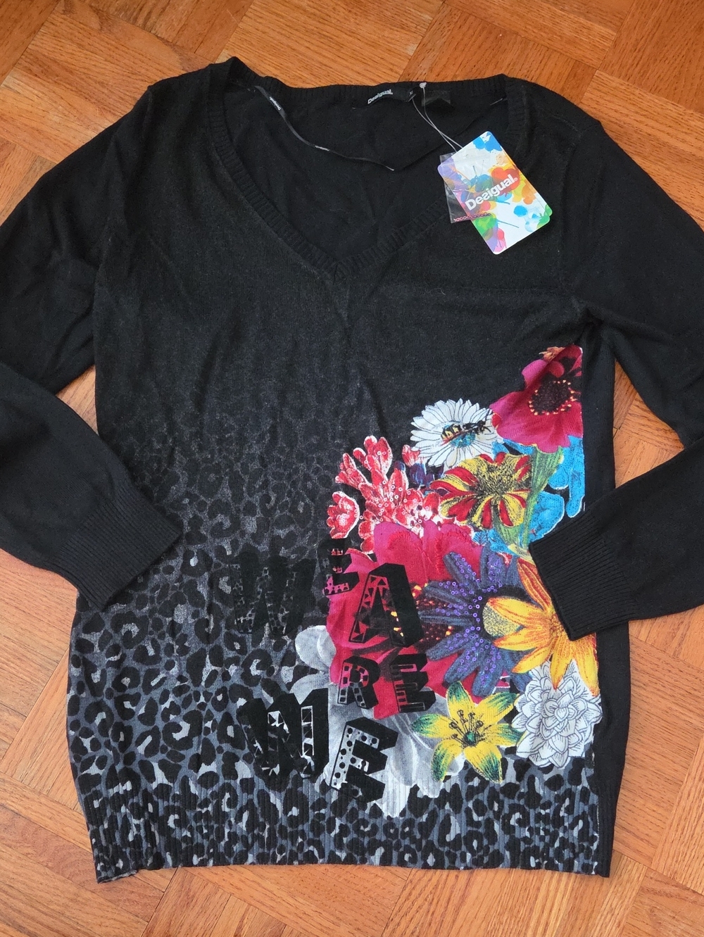 Desigual Black Floral V-Neck Sweater Top